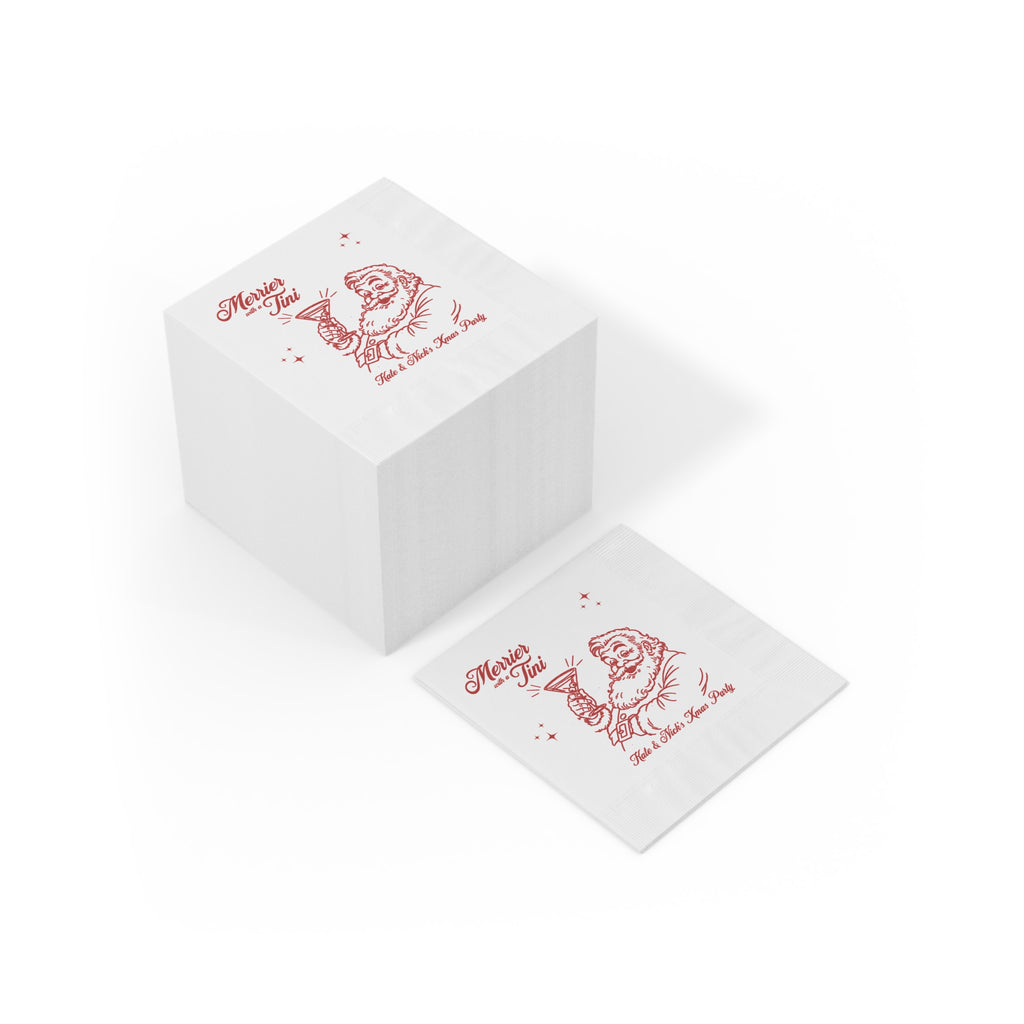 Close-up of the decorative coined-edge border on a white Merrier with a Tini personalised Christmas party napkin.