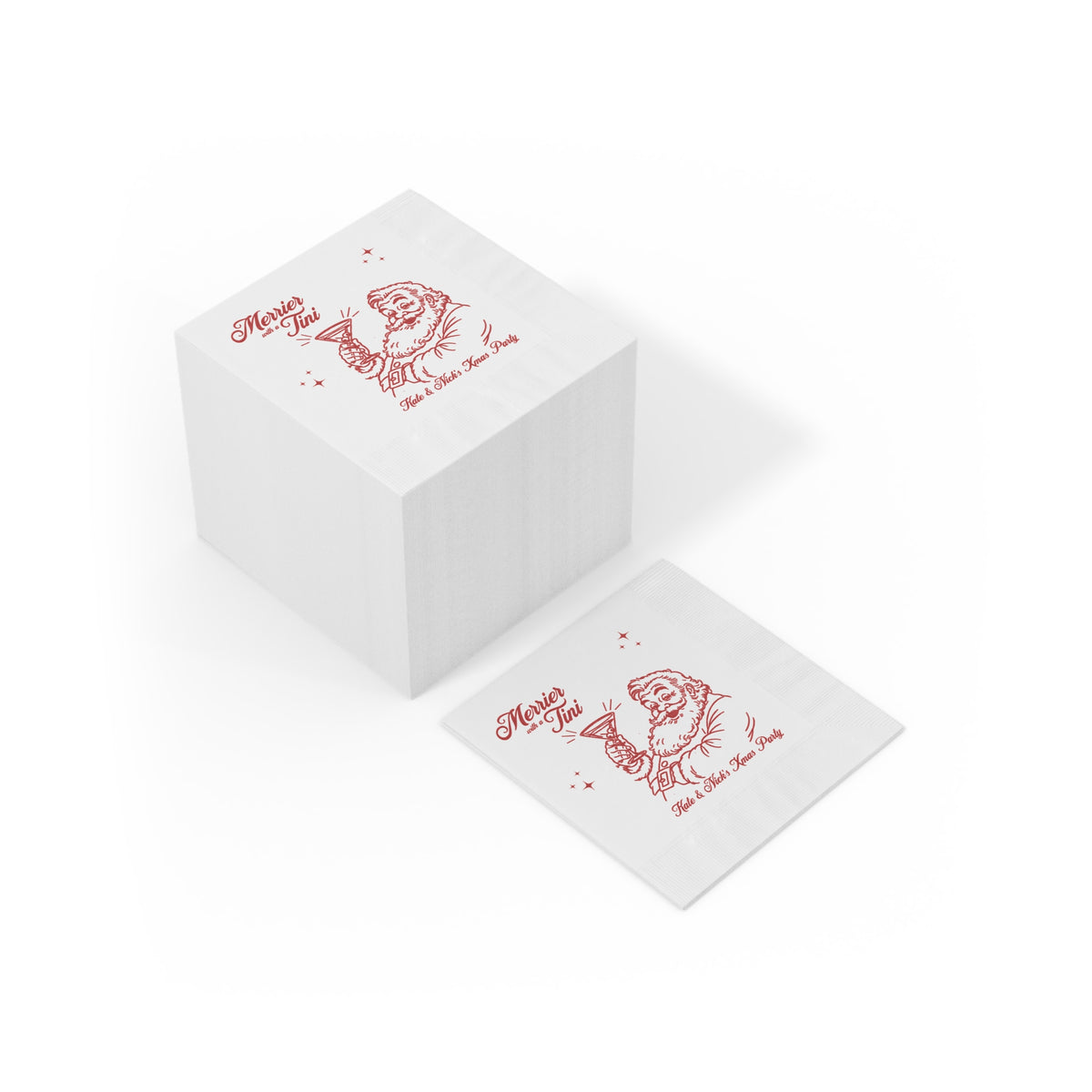 Close-up of the decorative coined-edge border on a white Merrier with a Tini personalised Christmas party napkin.