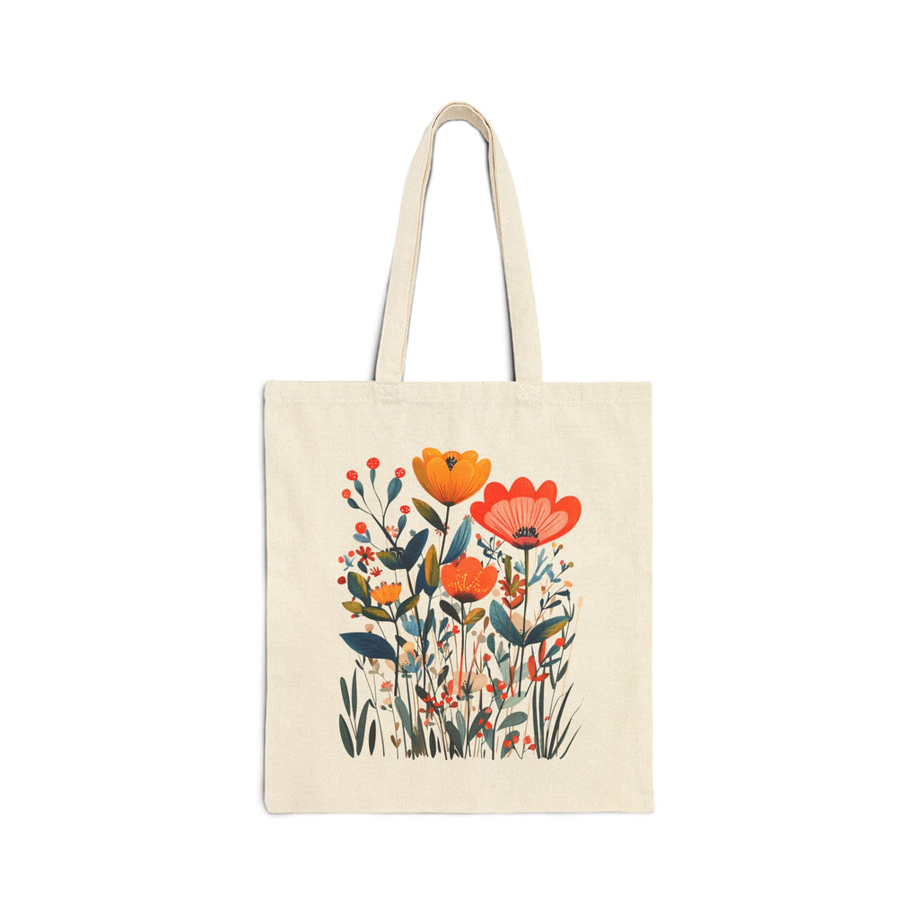 Natural cotton tote bag with colourful floral bouquet artwork for everyday shopping and market trips.