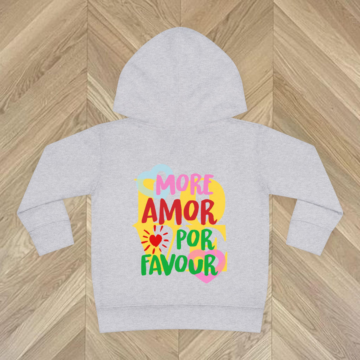 Layflat shot of Heather Hoodie — More Amore Por Favor hoodie showing colourful text back design, matching kids outfit piece