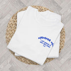 Close-up front view of Mamma Mia I Got Sourced personalised bachelorette shirt showing pasta, wine and hand-drawn Italian artwork