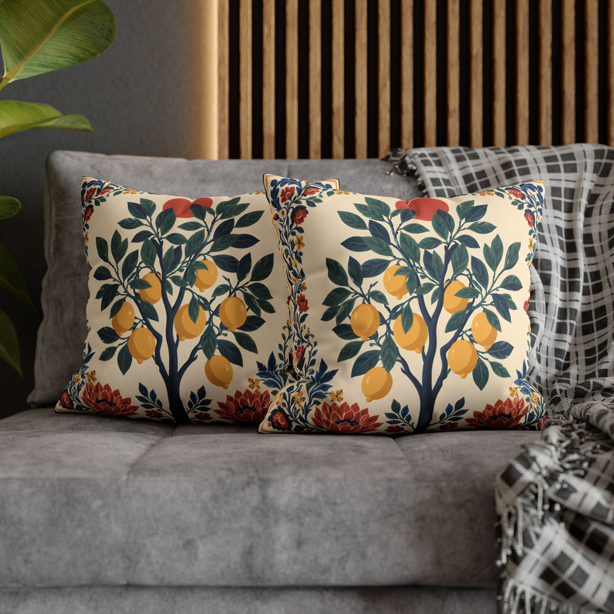 Double-sided decorative throw pillow with colourful Mediterranean lemon tree print and soft faux suede cover.