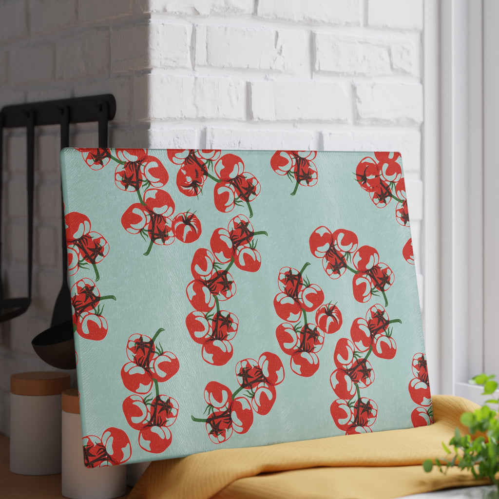 Tomato print glass cutting board styled as a decorative kitchen accessory