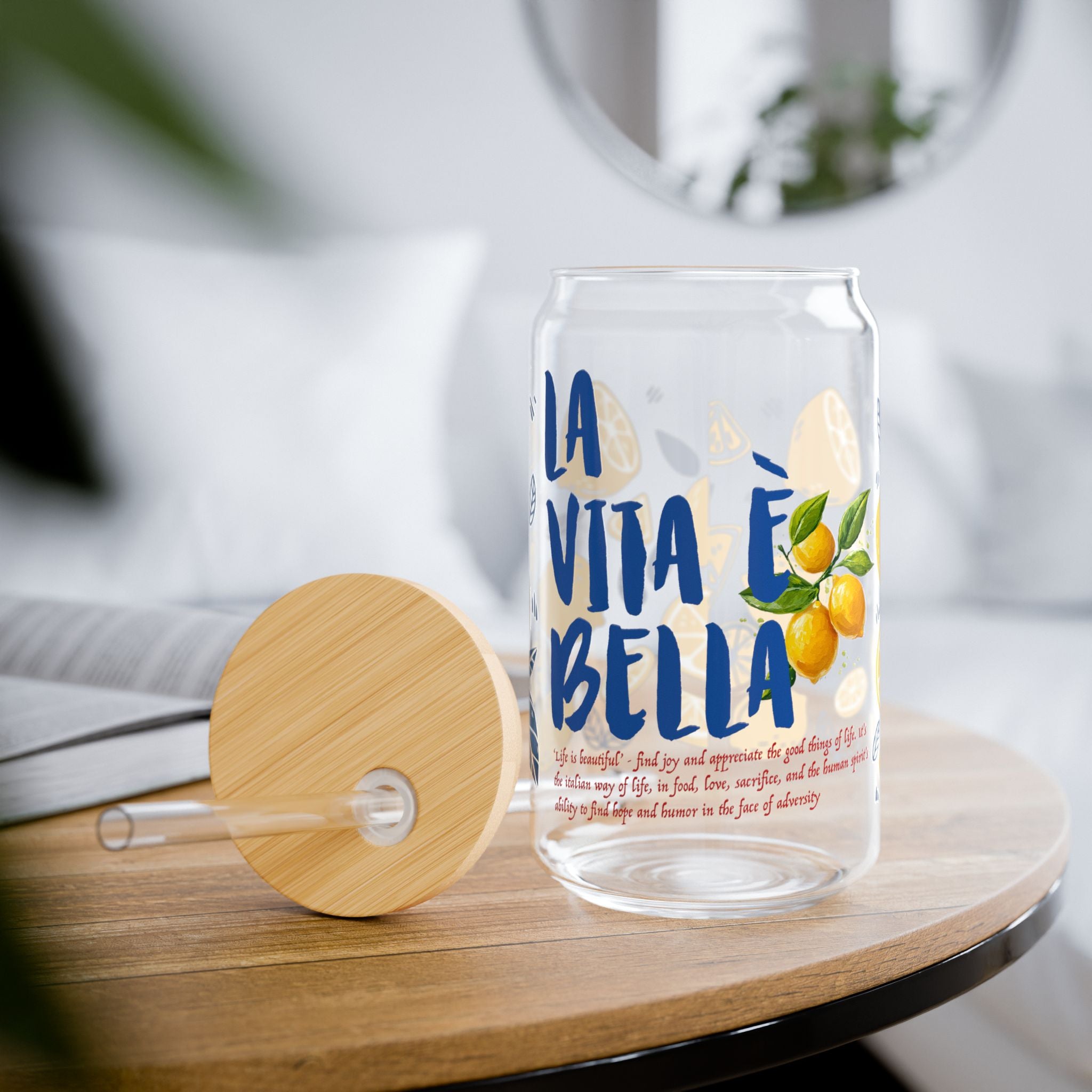 Eco-friendly 16oz glass cup with optional straw and uplifting “Life is Beautiful” design