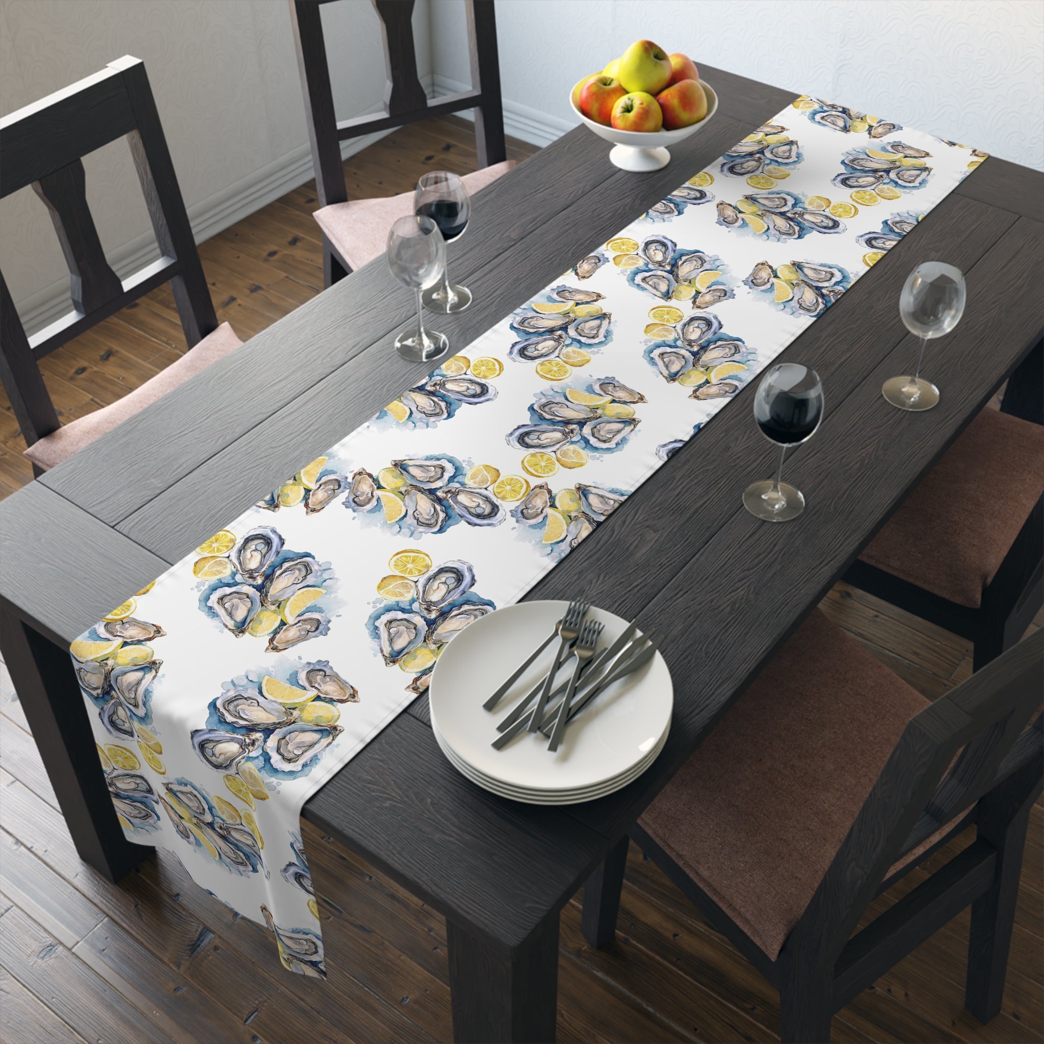Watercolor Oysters Table Runner – Coastal Mediterranean Dining Decor