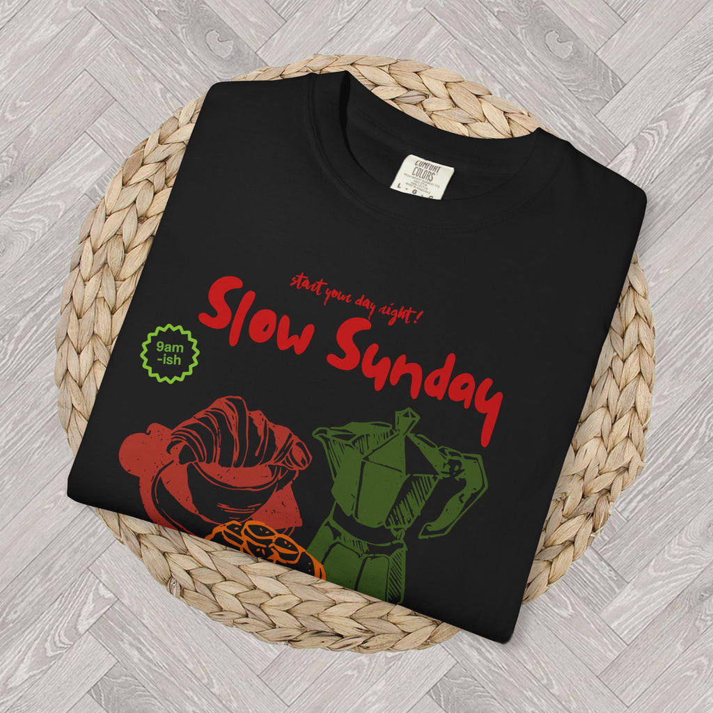 Relaxed Black crewneck T-shirt with Slow Sunday Brunch Club graphic design