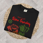 Relaxed Black crewneck T-shirt with Slow Sunday Brunch Club graphic design