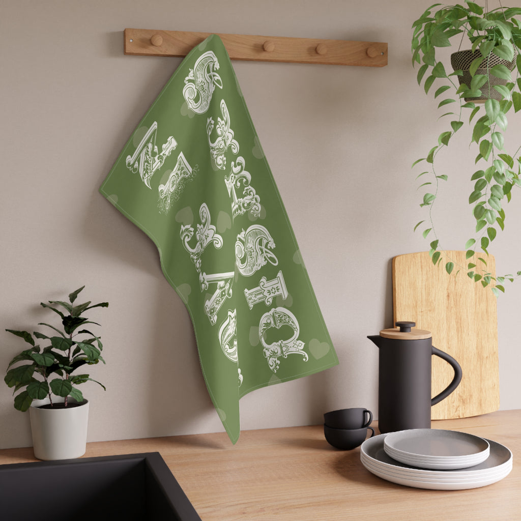 Love in Dishes Tea Towel – Mediterranean Olive Green Kitchen Linen