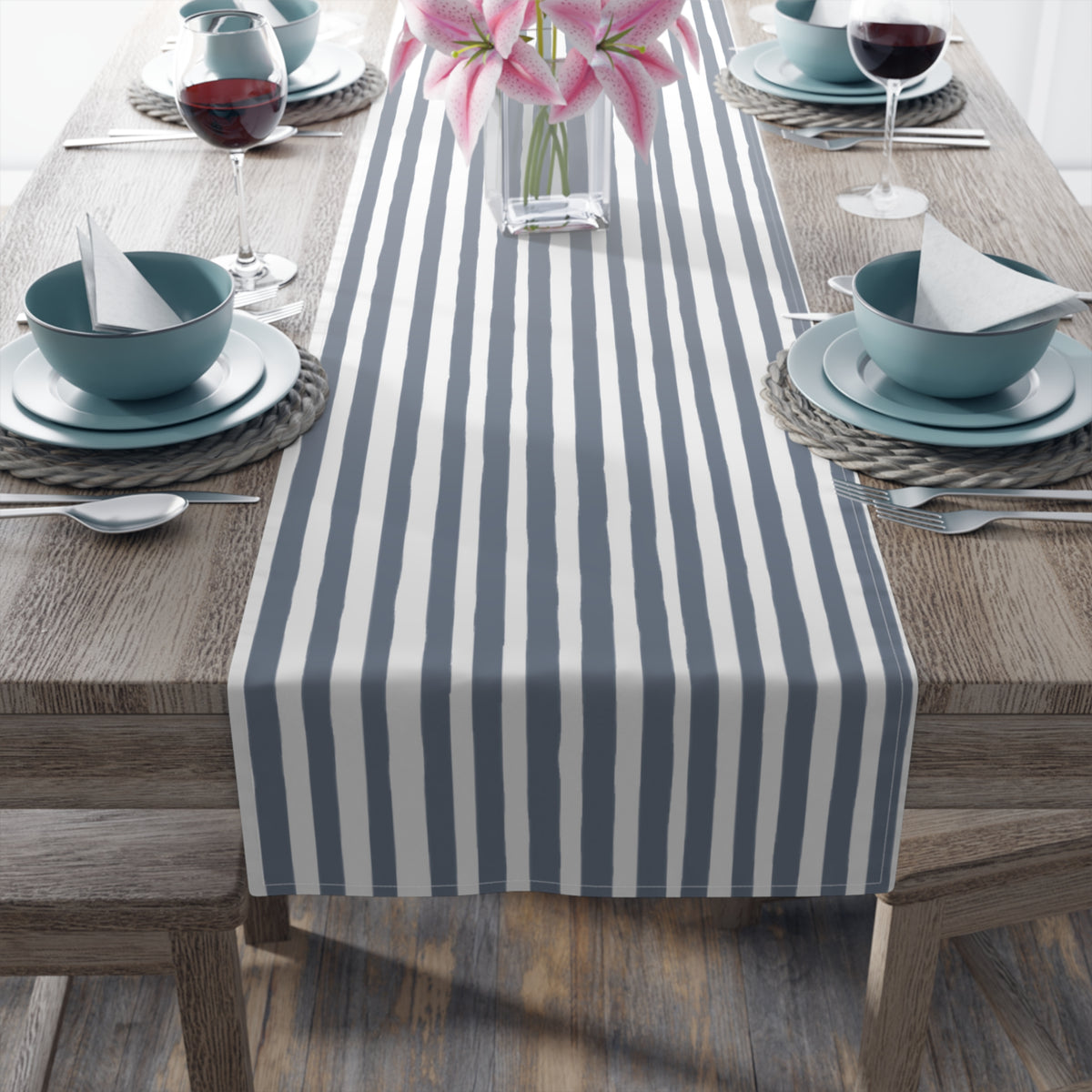 Hand drawn vertical slate blue stripes on a modern table runner for contemporary home decor
