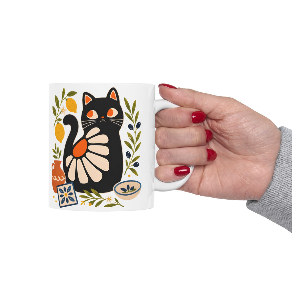 Cute artistic cat mug in 11oz ceramic size displayed on kitchen countertop