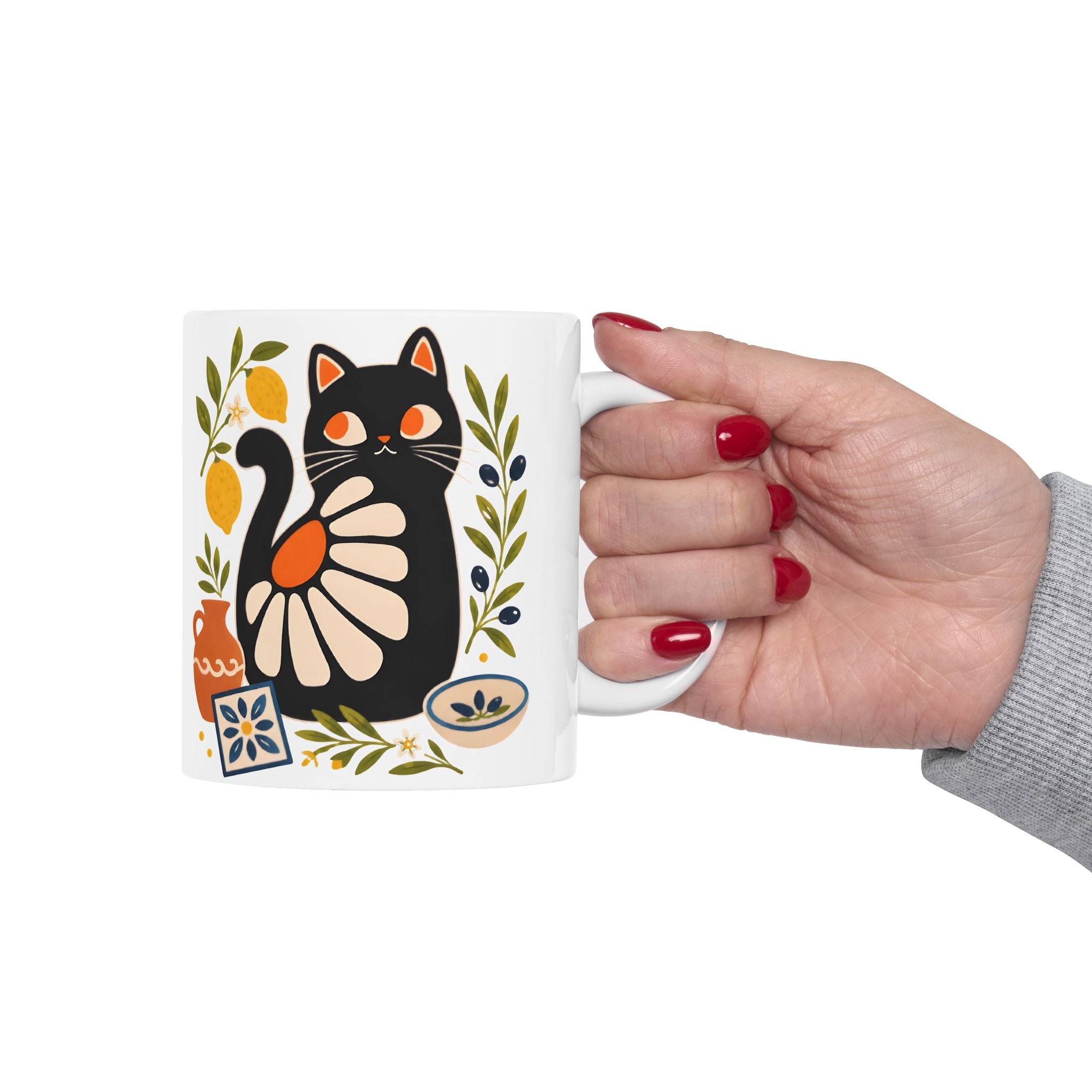Cute artistic cat mug in 11oz ceramic size displayed on kitchen countertop