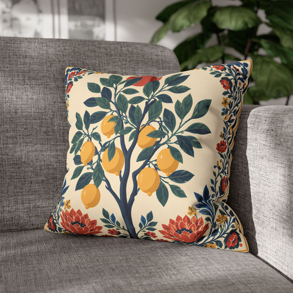 European-inspired lemon tree cushion featuring vibrant citrus artwork and floral framing details.