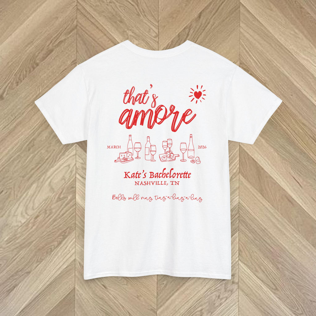 Personalised Italian-inspired bachelorette party shirt on a classic unisex Gildan 5000 tee, customised with name and date for a memorable keepsake.