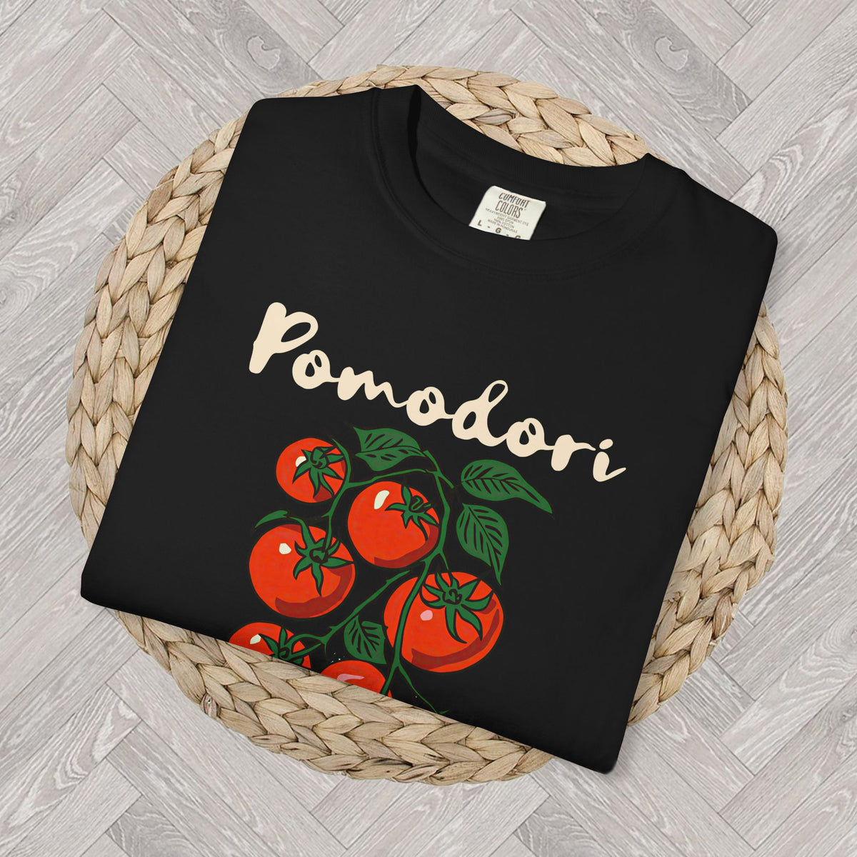 Pomodori Tomato Girl Summer graphic tee featuring colorful tomato artwork, Italian-inspired design, and relaxed Comfort Colors 1717 fit