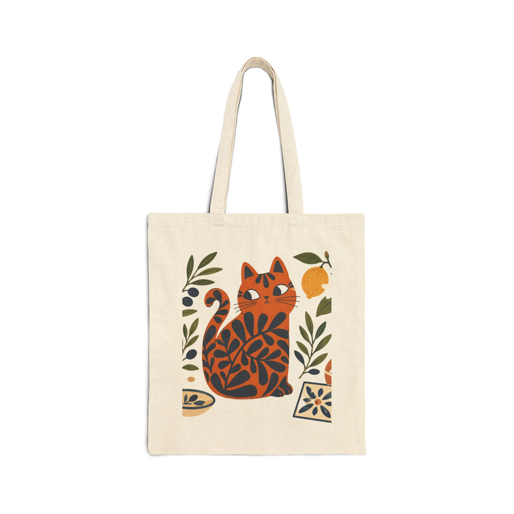 Double-sided Mediterranean cat tote bag inspired by Matisse artwork with olive leaves, citrus accents, and terracotta details.