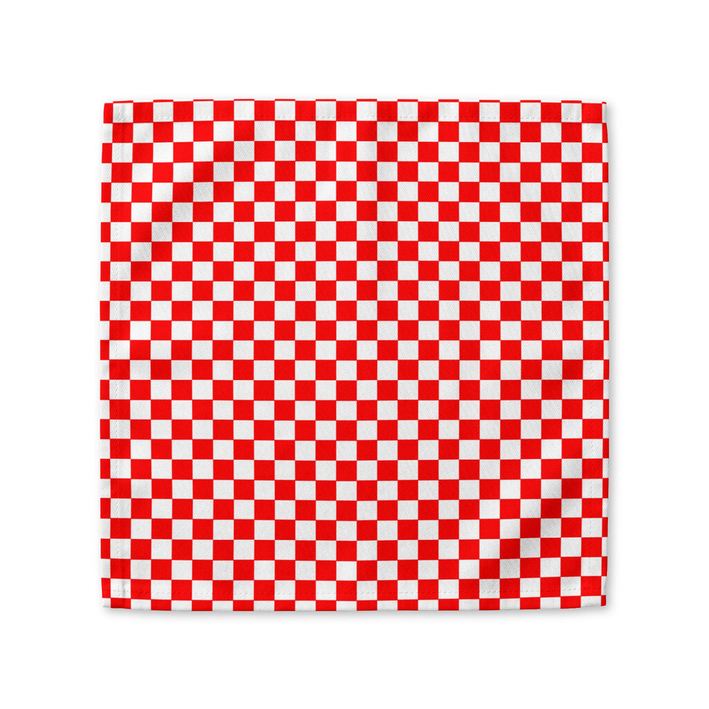 Red and white gingham cotton napkin available in 10x10 inch and 22x22 inch sizes for restaurants and home dining