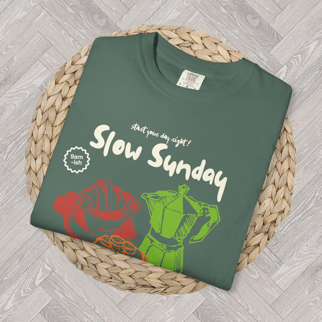 Slow Sunday Brunch Club T-shirt featuring playful vintage-inspired coffee and pancake artwork
