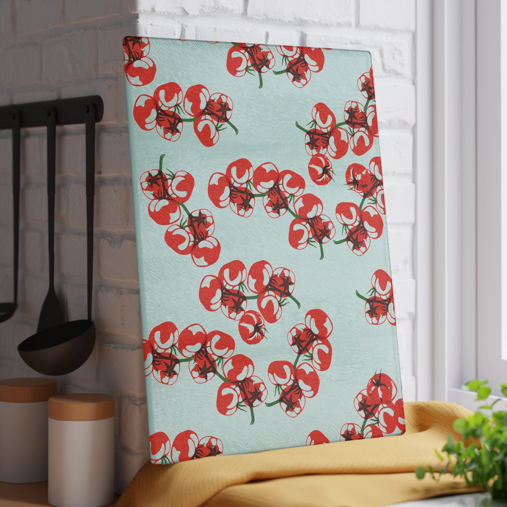 Durable tempered glass cutting board with tomato block print design