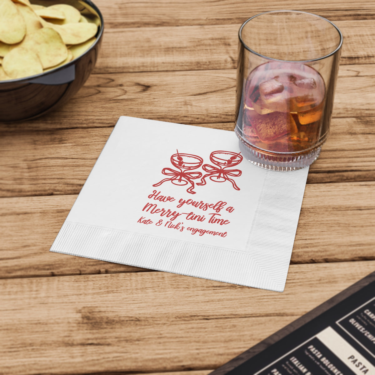 Festive personalized Christmas martini napkin for holiday entertaining, available in beverage and luncheon sizes and packs of 50 or 100.
