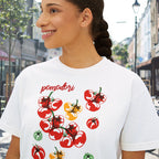 Colorful tomato graphic t-shirt styled for vacation outfits, farmers market days, and everyday casual wear
