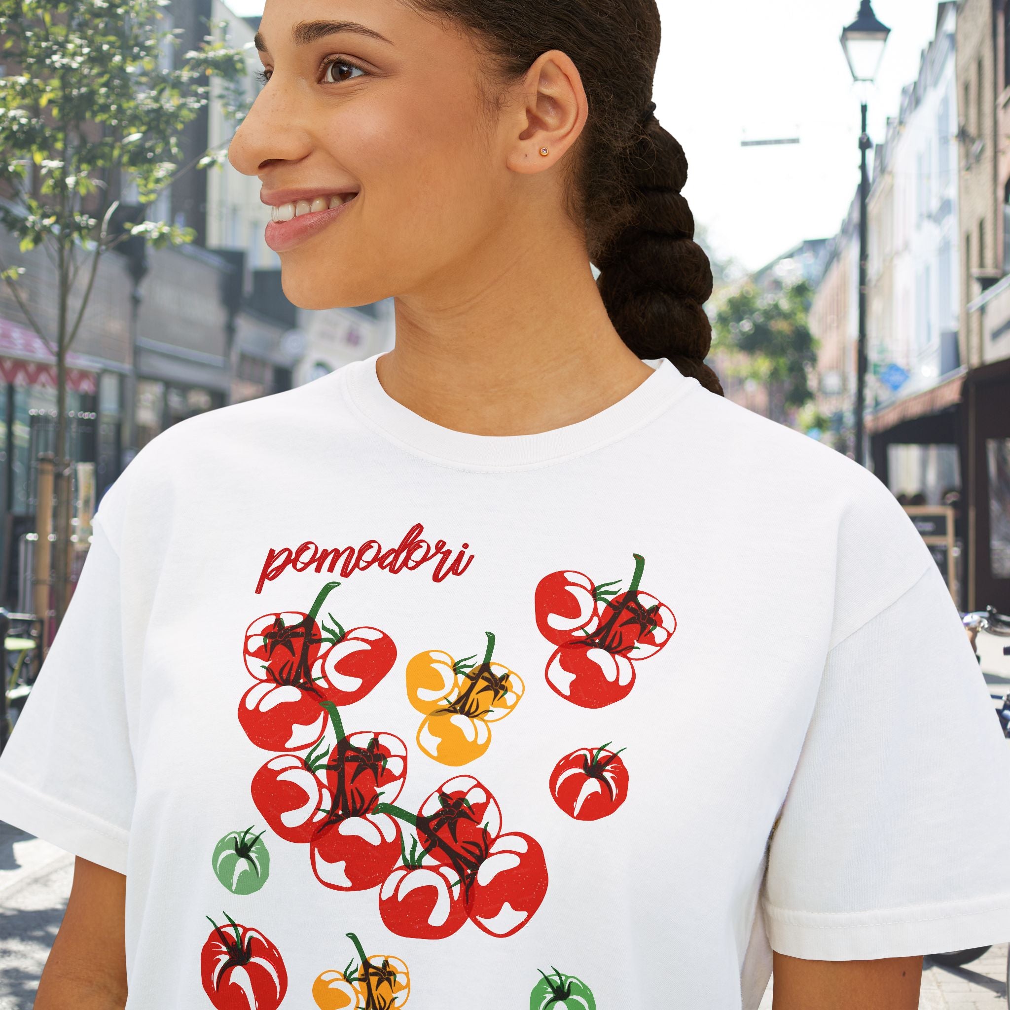 Colorful tomato graphic t-shirt styled for vacation outfits, farmers market days, and everyday casual wear