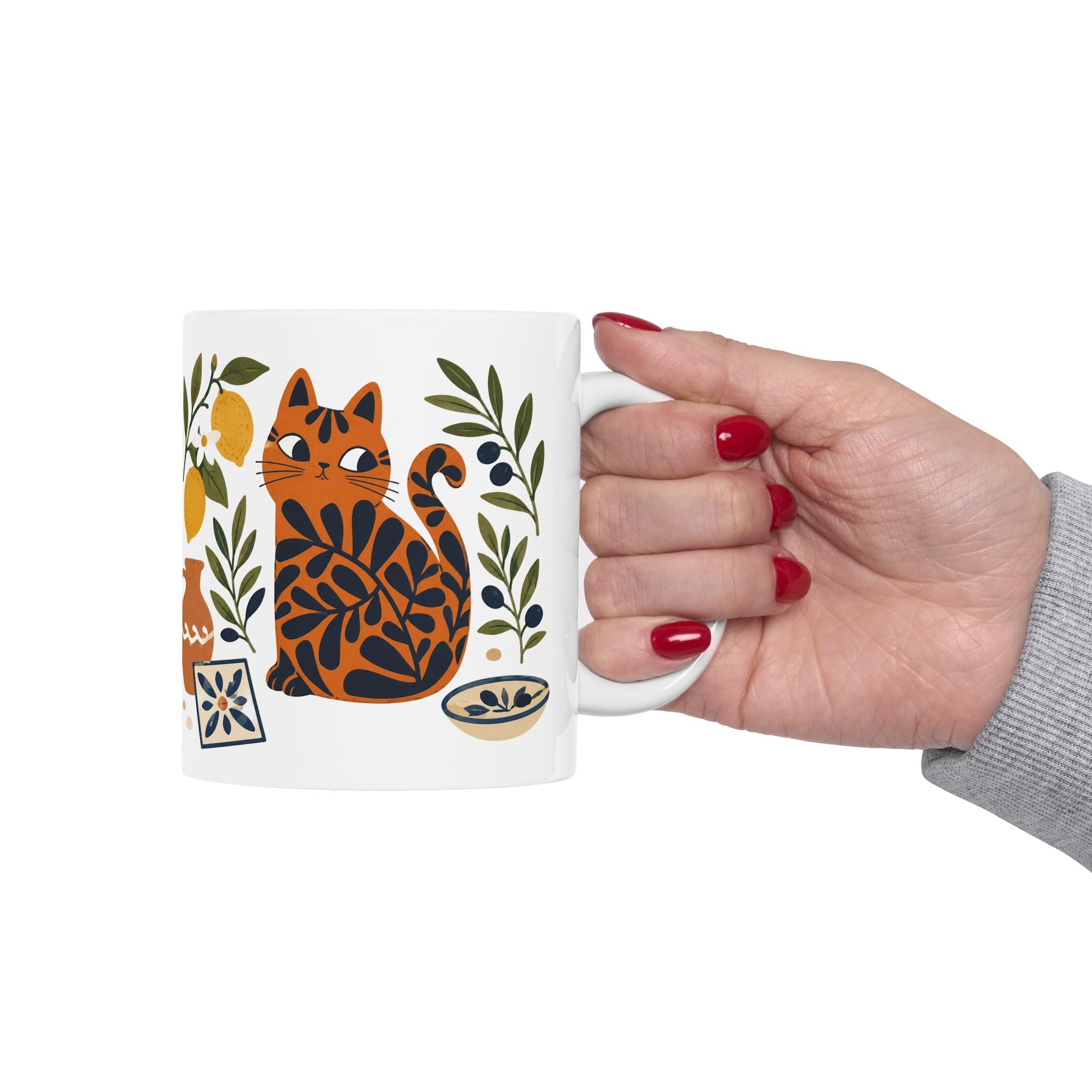 Mediterranean cat coffee cup styled for cozy morning rituals and artisan kitchen décor.