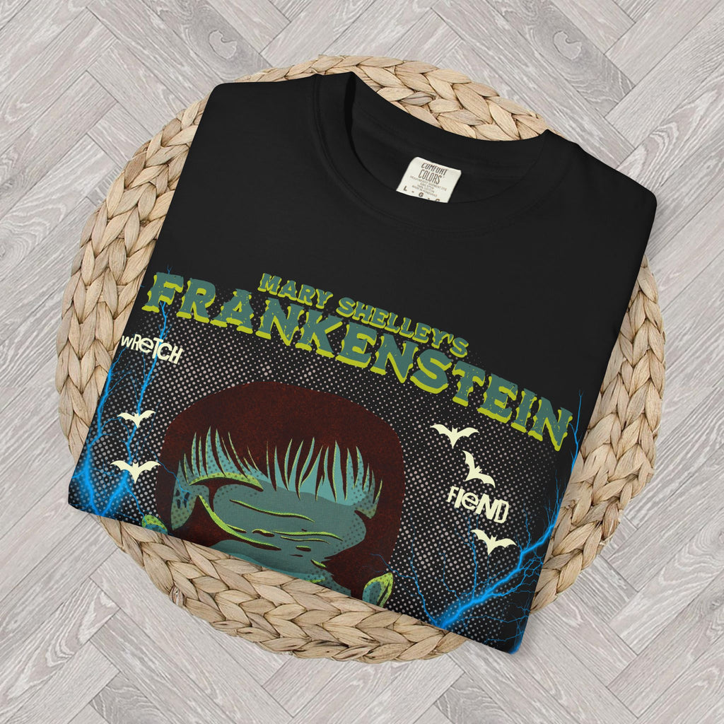 Black: Black Frankenstein gothic horror tee with vintage-inspired graphic, Mary Shelley lettering and dramatic monster artwork
