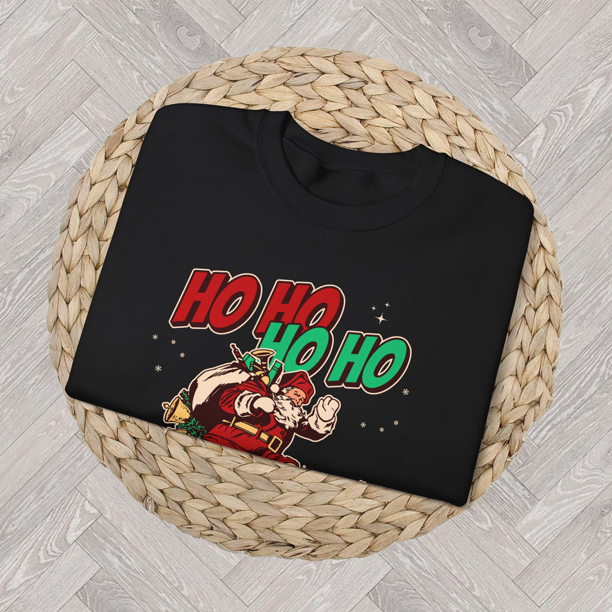 Close-up of Ho Ho Ho Y’all graphic printed on a vintage Christmas sweatshirt