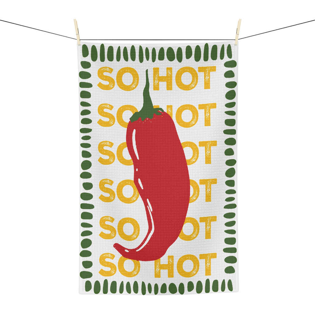 Gift-worthy So Hot kitchen tea towel for chilli lovers, home chefs and anyone who enjoys colourful kitchen accessories.
