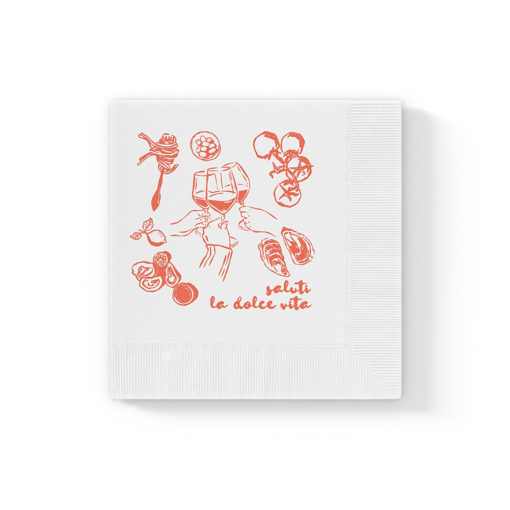 Personalized pasta party napkin with elegant Italian-inspired artwork for bridal showers, birthdays, and cocktail gatherings.