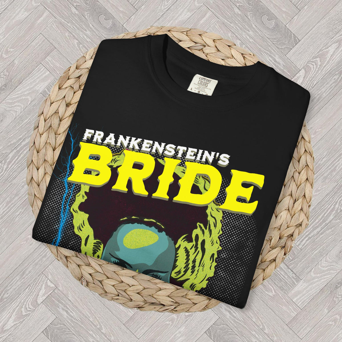 Vintage-inspired Halloween tee with colorful Bride of Frankenstein gothic horror graphic