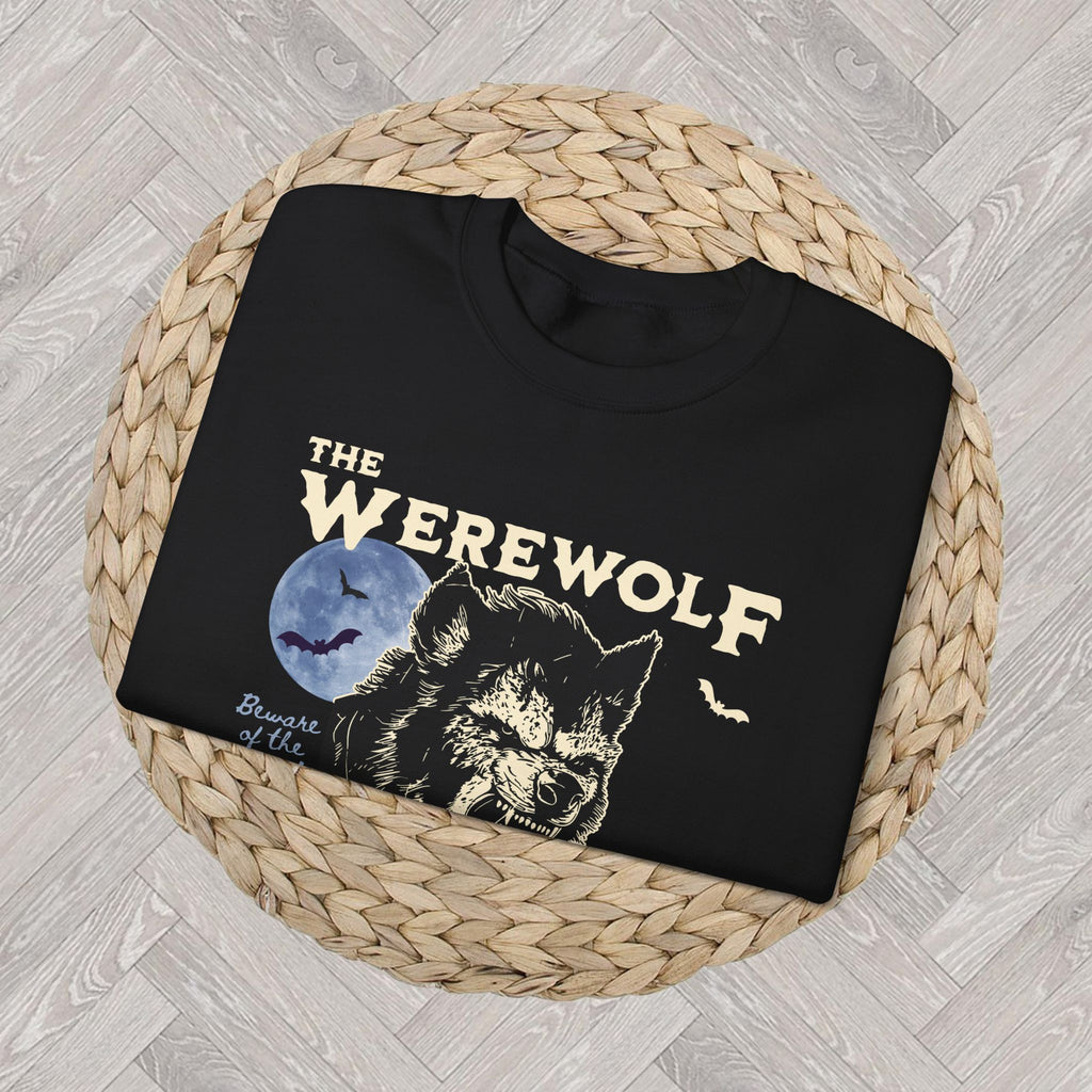 Retro monster sweatshirt featuring classic werewolf-inspired horror artwork