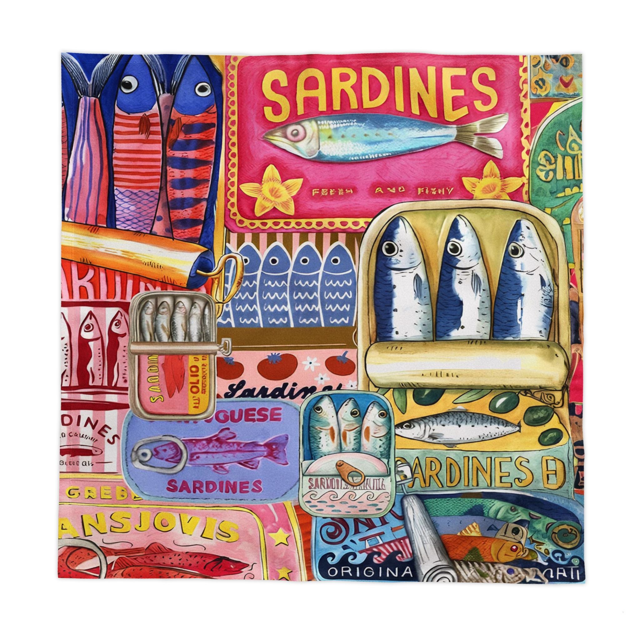 Hand-Painted Mediterranean Sardines Cotton Twill Tablecloth – Colorful Coastal Dining Decor