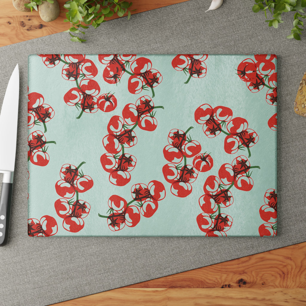 Textured surface detail of Tomato Block Print tempered glass cutting board