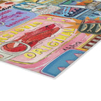 Textured tempered glass surface featuring colourful sardine collage and seaside-inspired artwork