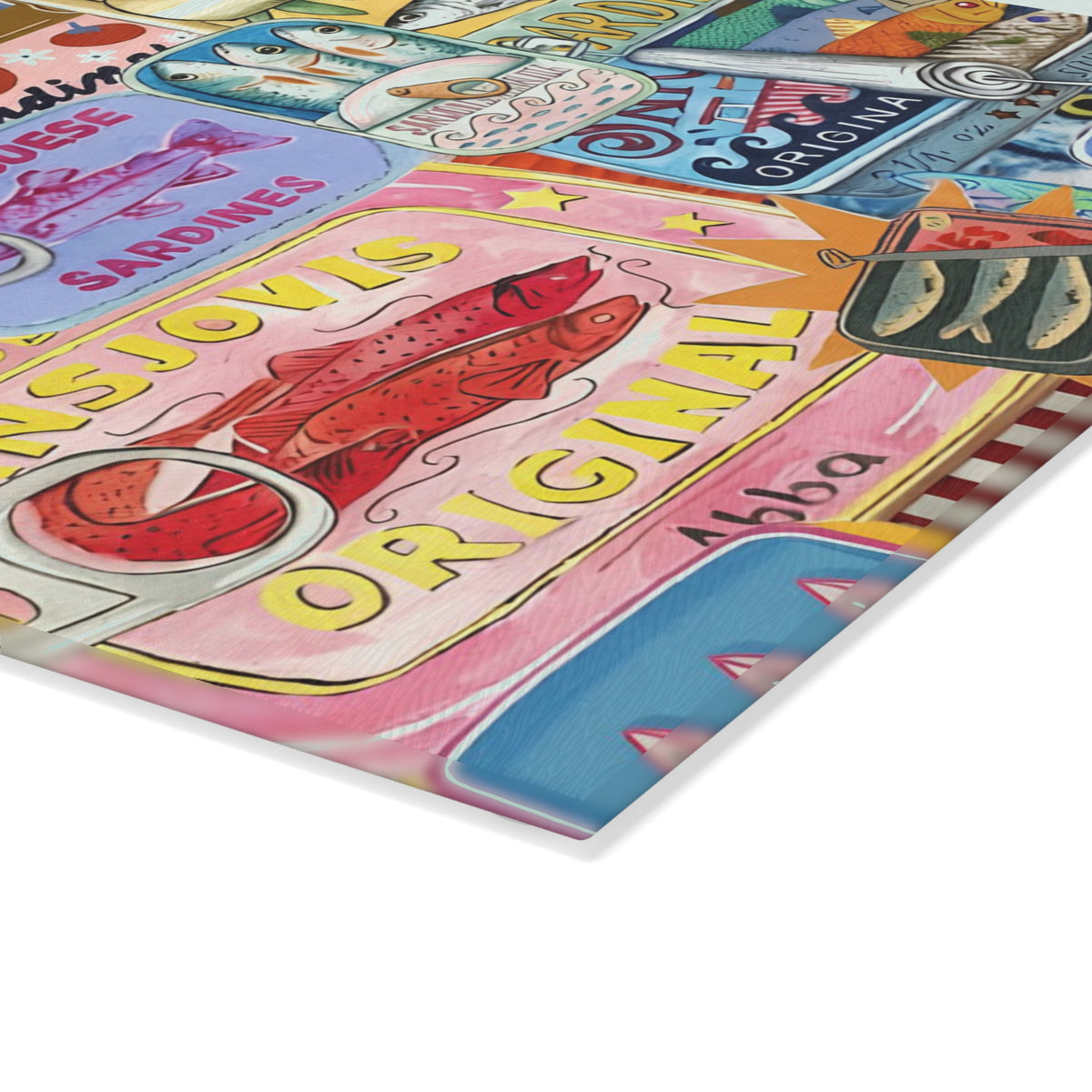 Textured tempered glass surface featuring colourful sardine collage and seaside-inspired artwork