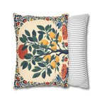 Mediterranean lemon faux suede cushion styled in a modern home setting with colourful artisan botanical design.