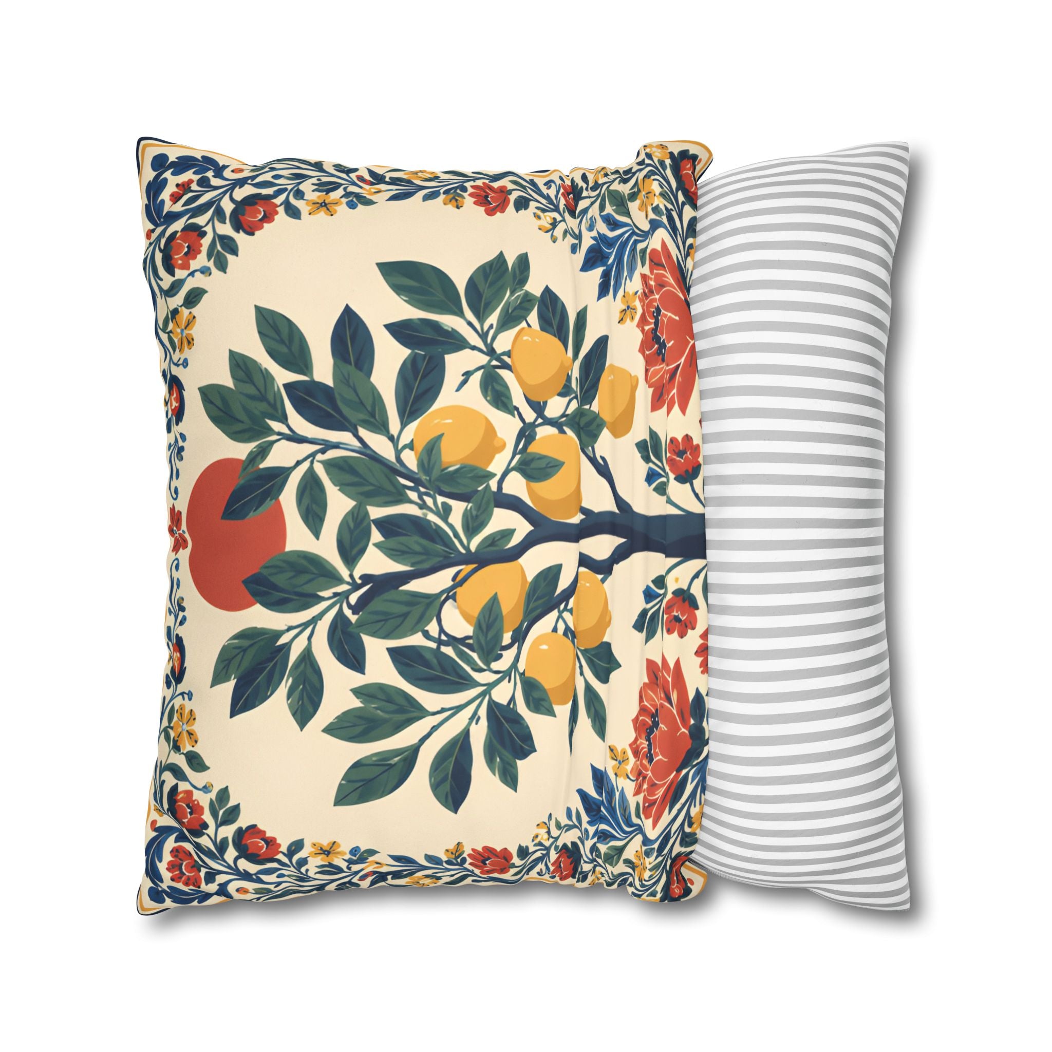 Mediterranean lemon faux suede cushion styled in a modern home setting with colourful artisan botanical design.