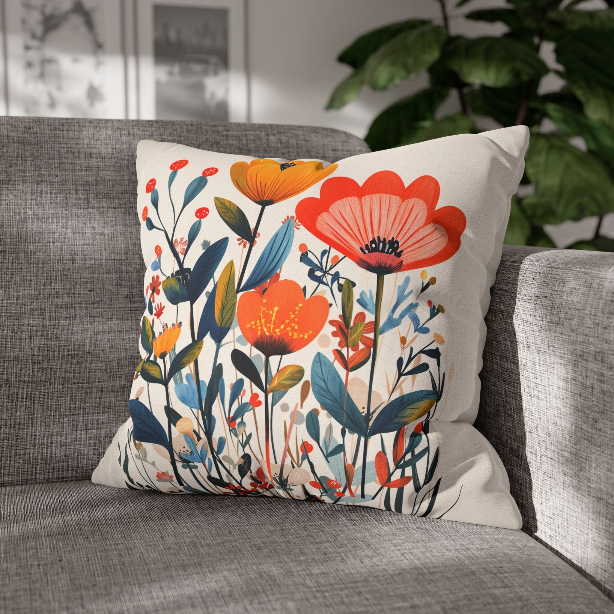 Mediterranean botanical cushion cover with colourful wildflower design, available in four square sizes.