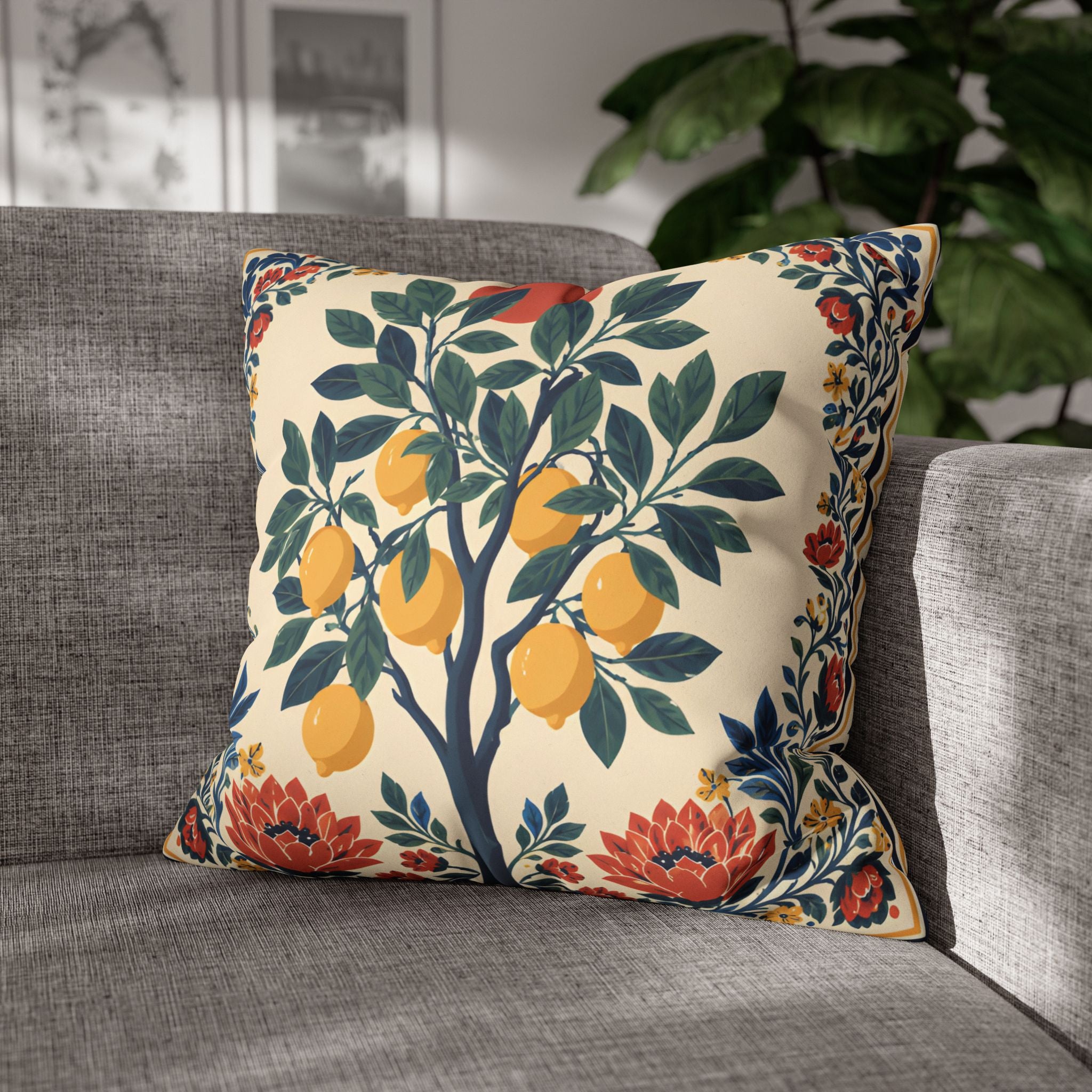 Mediterranean botanical cushion in 18x18 and 20x20 sizes with premium faux suede texture and full insert.