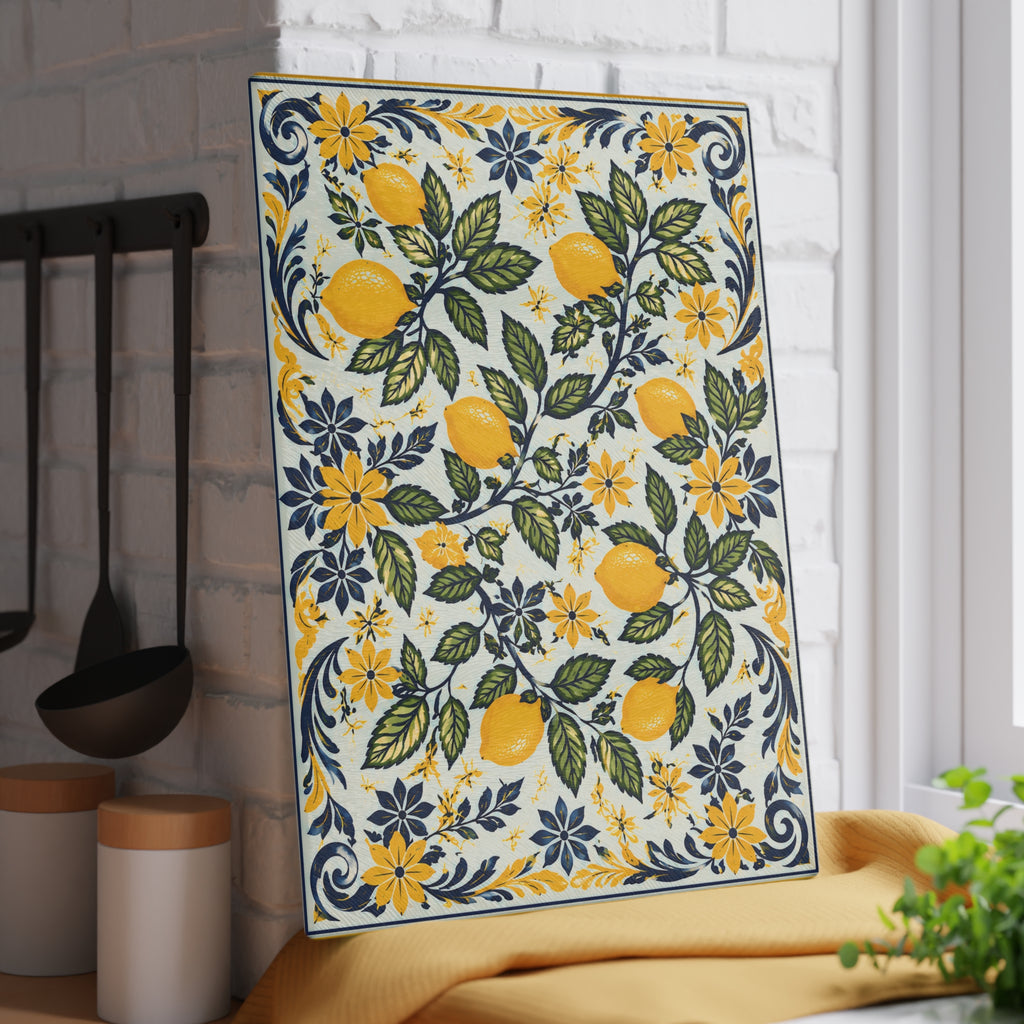 Amalfi lemon serving and cutting board displayed as decorative kitchen art for Mediterranean-style interiors