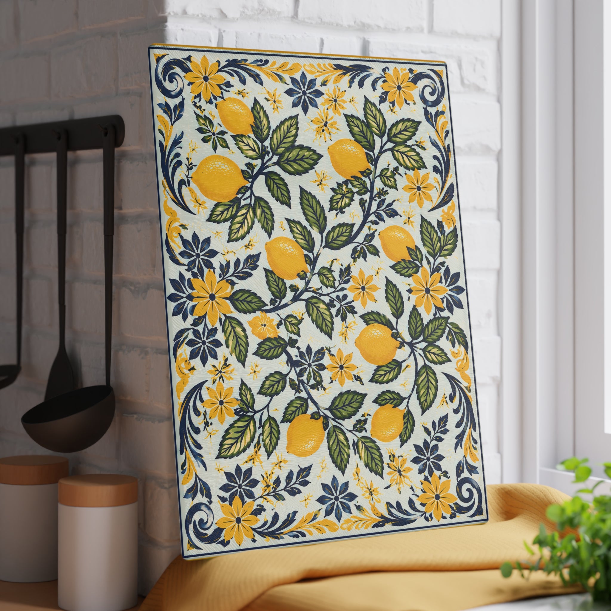 Amalfi lemon serving and cutting board displayed as decorative kitchen art for Mediterranean-style interiors
