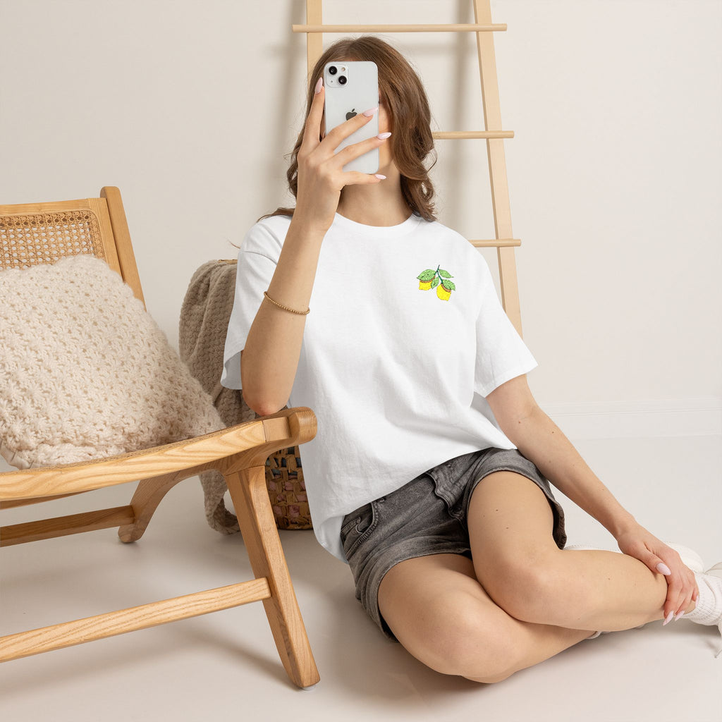 White Classic cotton t-shirt with embroidered lemons and green leaves for summer and vacation style
