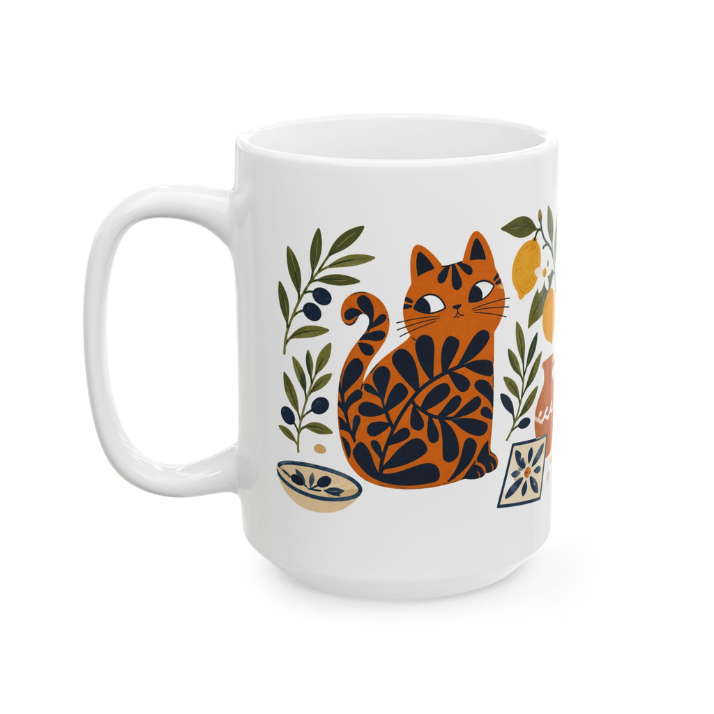 Matisse-inspired ceramic mug with citrus branches, decorative tiles, and playful cat illustration.