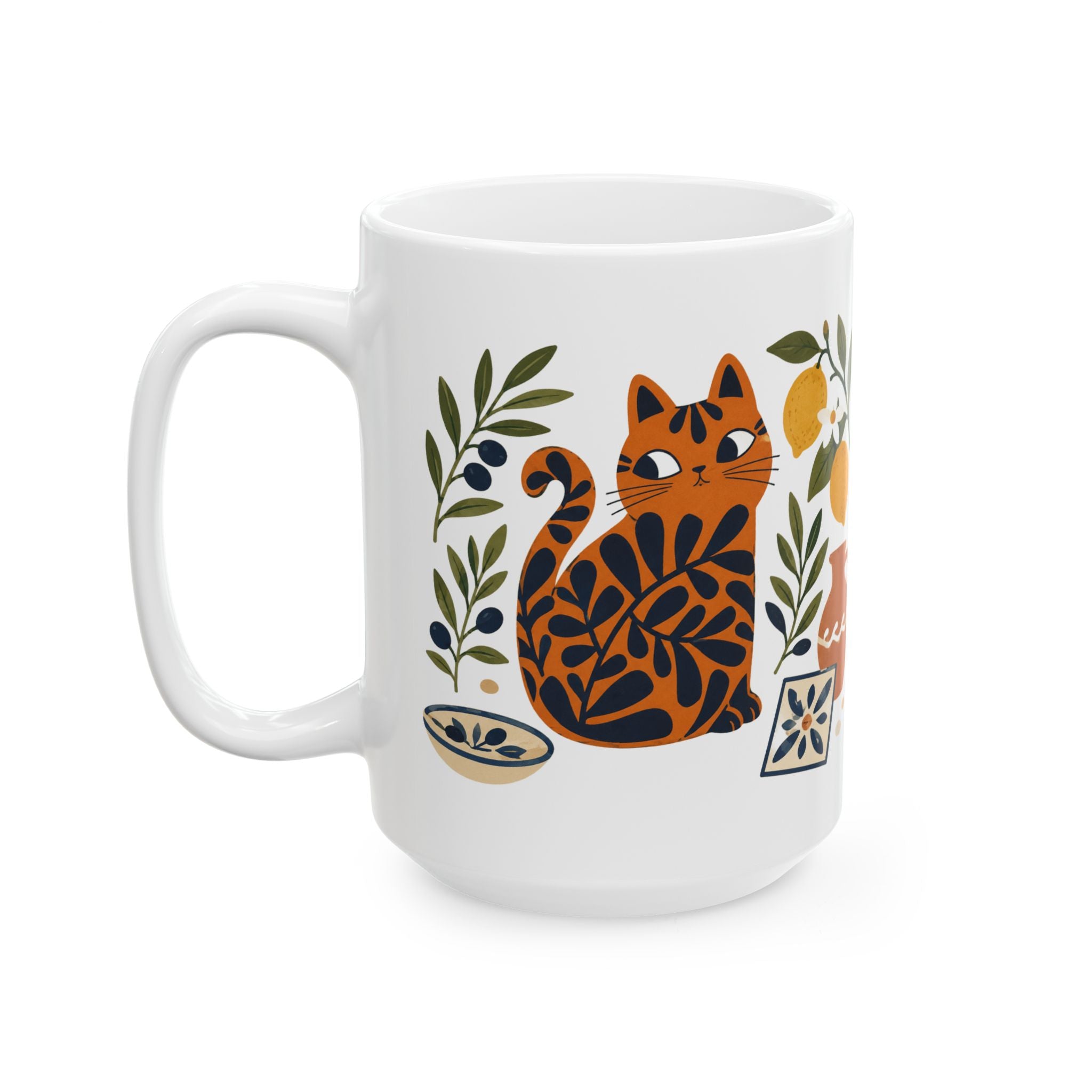 Matisse-inspired ceramic mug with citrus branches, decorative tiles, and playful cat illustration.