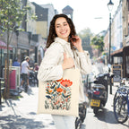 Botanical cotton shoulder bag featuring colourful contemporary floral artwork for everyday use.
