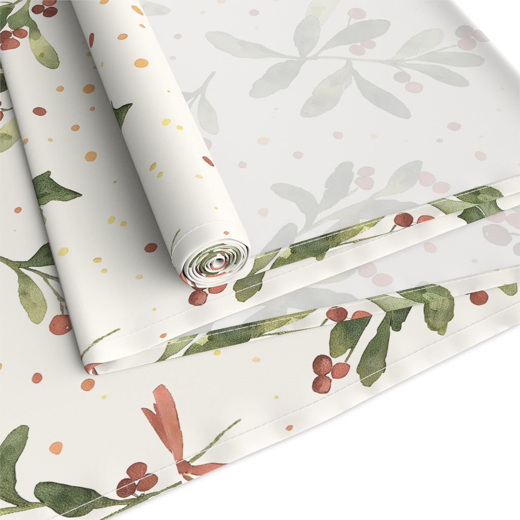 Decorative cotton twill watercolour mistletoe table runner for Christmas dining and entertaining