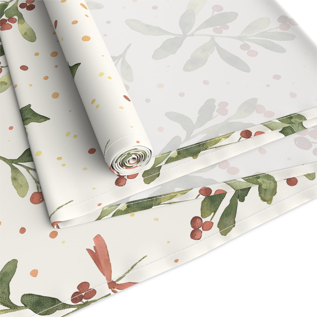 Decorative cotton twill watercolour mistletoe table runner for Christmas dining and entertaining