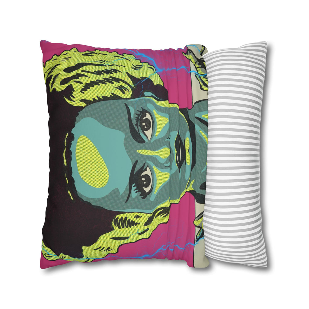 Close-up of colourful Frankenstein classic horror artwork printed on a soft faux suede pillow cover