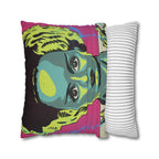 Close-up of colourful Frankenstein classic horror artwork printed on a soft faux suede pillow cover